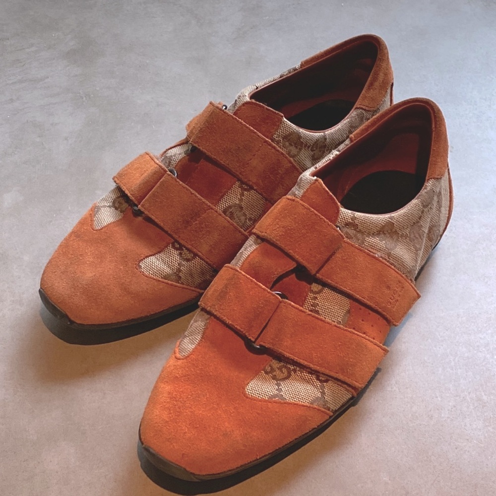 Womens Gucci Orange suede sneakers with Velcro 5.5